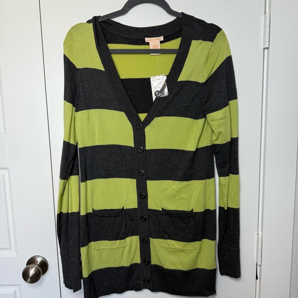 Sweet Romeo Green and Gray Striped Cardigan - Picture 2 of 7